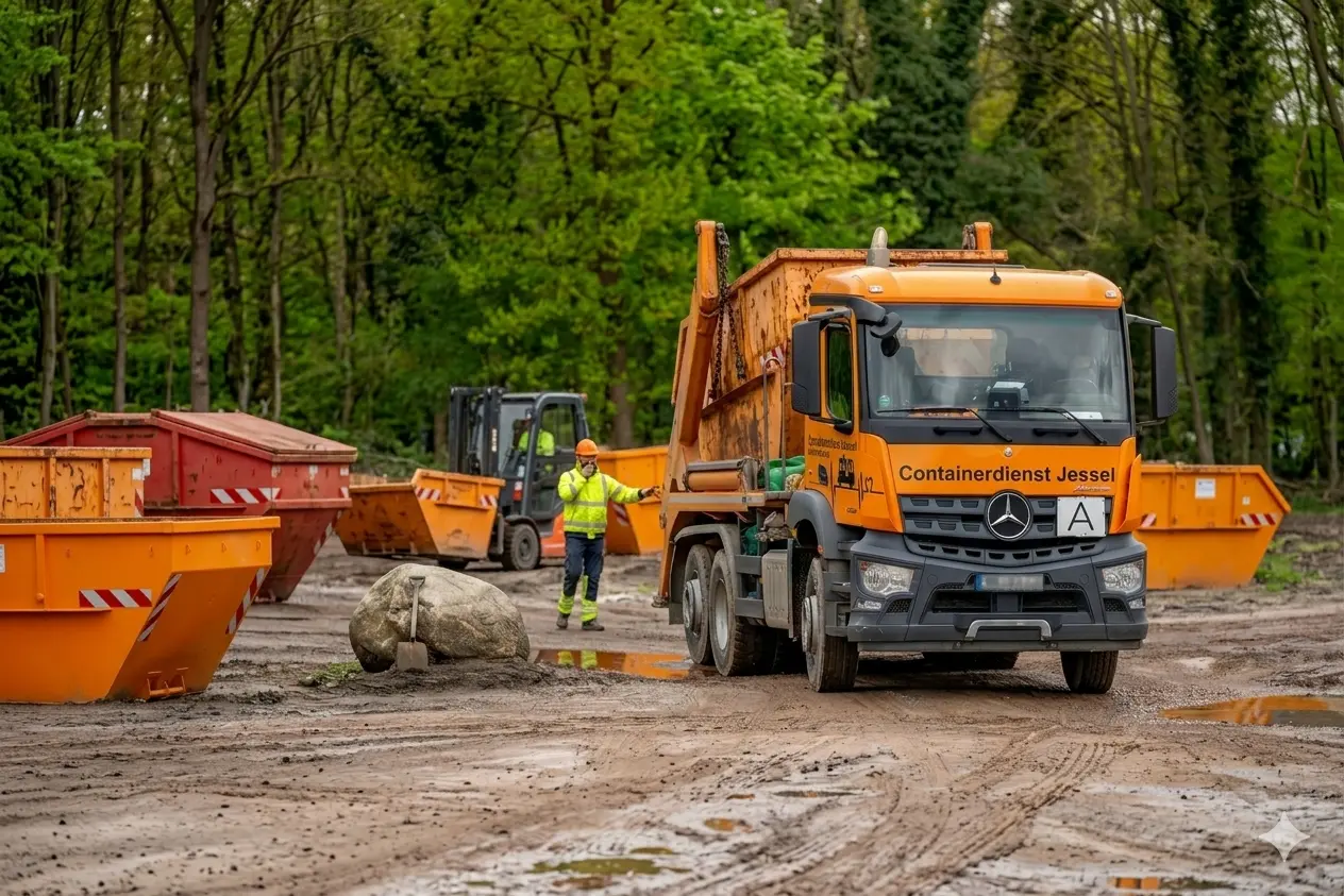 Fahrzeug und Container des Containerdienstes Jessel bei der Arbeit